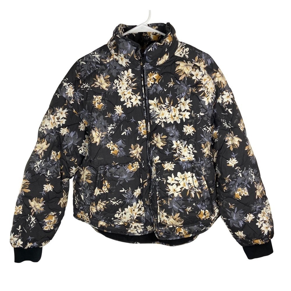 FLX Floral Quilted Puffer Jacket Black Yellow Floral Zip Up Coat Womens Medium